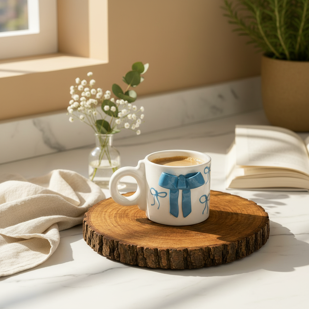 Handcrafted 3D Blue Ribbon Ceramic Coffee Mug