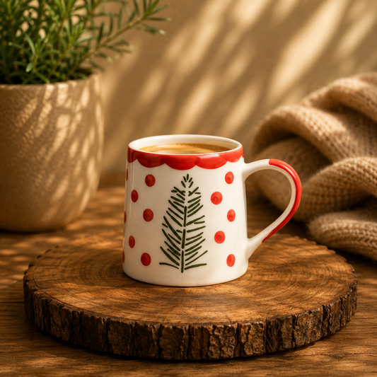 Handcrafted Pine & Red Scallop Ceramic Mug 250 ML, Romantic Gift for Anniversary, Birthday, Boyfriend, Girlfriend, Coffee & Tea Lovers, Valentine's Day ||Microwave safe(Pack of 1)