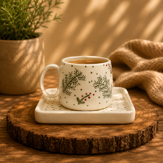 Handcrafted Pine & Berry Ceramic Cup and Saucer Set | Durable & Microwave Safe | Cute Tea Cups (350ml) for Home, Office and Gifting item for Couples, Men & Women | Daily Use