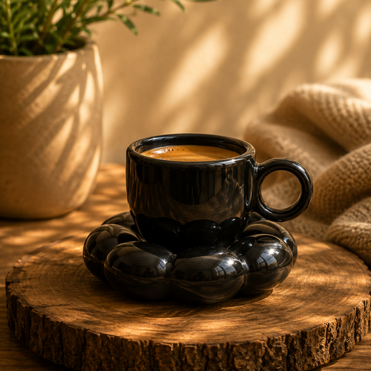 Premium Black Ceramic Sunflower Bloom Coffee Mug with Stylish Bubble Base Saucer Set | Designer Cup | Modern Aesthetic Drinkware | Unique Gift Mug for Home & Office | Microwave Safe | Daily Use - 350ml Capacity