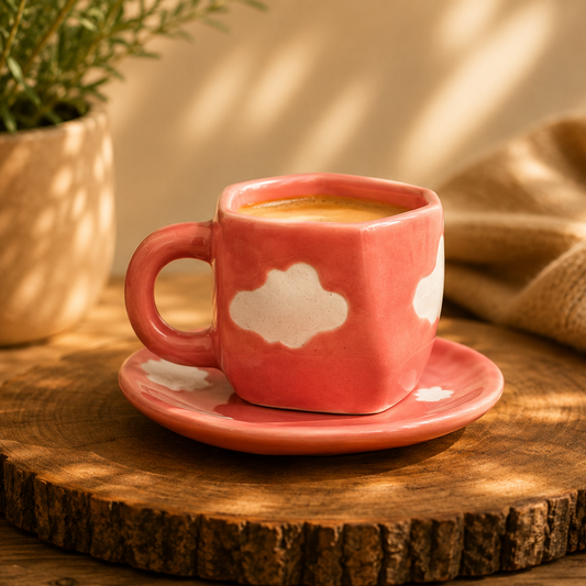 Aesthetic Peach Cloud Ceramic Cup and Saucer Set(250ml) | Pinterest Style Handcrafted Coffee Mug Set for Home, Office & Gifting | Microwave & Dishasher Safe | Daily use (Pack of 1)