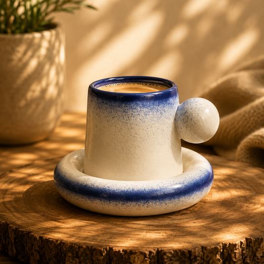 Premium Handcrafted Blue Ede Ceramic Bubble Cup and Saucer Set | Durable & Microwave Safe | Cute Tea Cups (350ml) for Home, Office and Gifting item for Couples, Men & Women | Daily Use