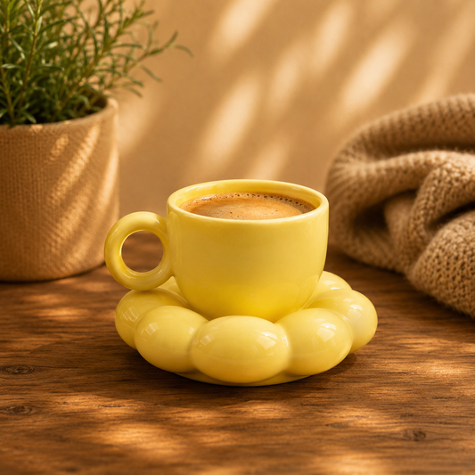 Premium Yellow Ceramic Sunflower Bloom Coffee Mug with Stylish Bubble Base Saucer Set | Designer Cup | Modern Aesthetic Drinkware | Unique Gift Mug for Home & Office | Microwave Safe | Daily Use - 350ml Capacity