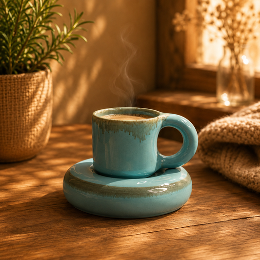 Premium Handcrafted Torquise Blue Ceramic Bubble Cup and Saucer Set | Durable & Microwave Safe | Cute Tea Cups (350ml) for Home, Office and Gifting item for Couples, Men & Women | Daily Use