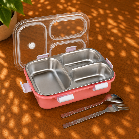 Stainless Steel 3 Compartment Lunch Box With Spoon & Fork