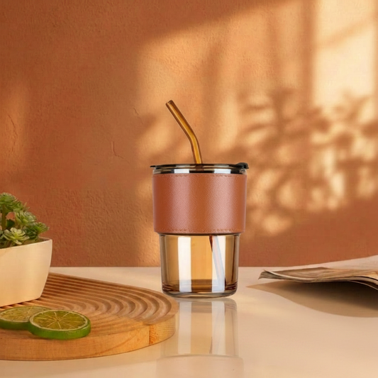 Glass Mason Jar with Heat Resistance Leather Grip Leakproof Lid & Straw | 450 ml | Box Packing