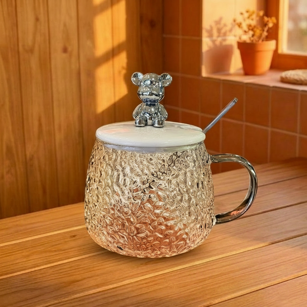 Cute Glass Cup With Lid & Spoon