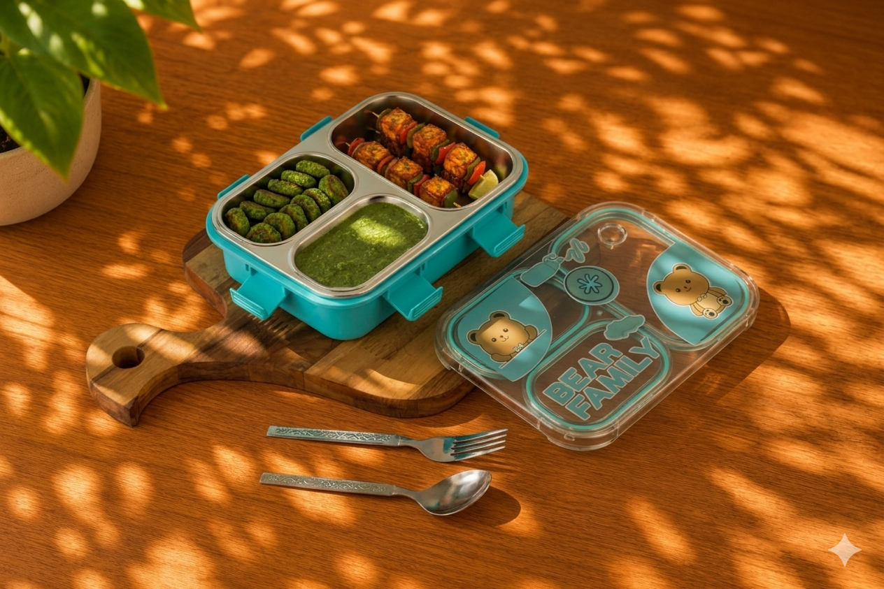 Bear Family 3 Compartment Stainless Steel Lunch Box