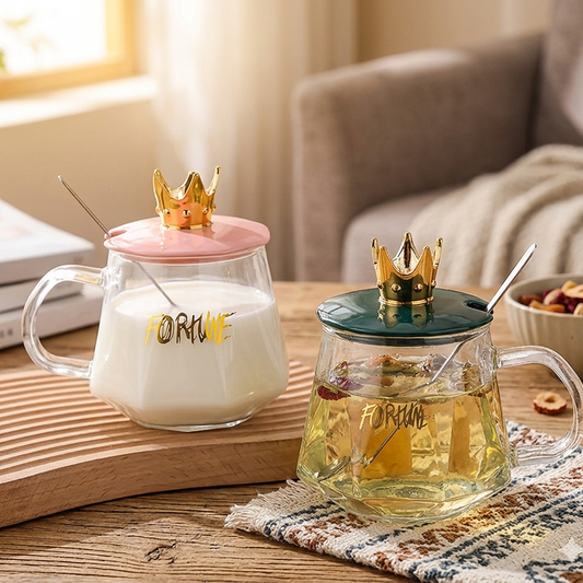 Cute Glass Cup With Lid & Spoon