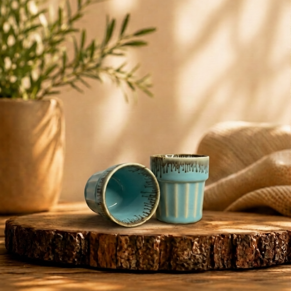 Handmade Ceramic Cutting Chai Glass Set of 2 | Desi Kulhad Style Tea Cups | Microwave Safe | 120 ml Chai Cups for Home, Office & Gifting