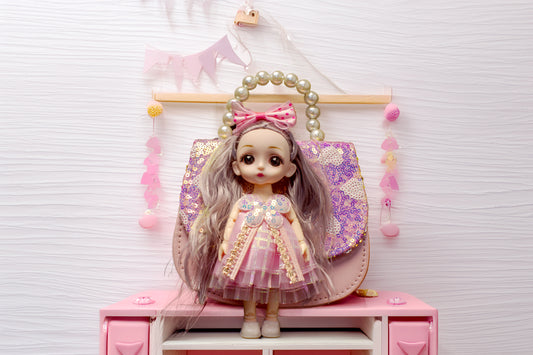 Adorable Sequin Princess Handbag for Girls | Sparkly Pink Sling Bag with Pearl Handle | Designer Party Wear Mini Purse & Fashion Doll Set for Kids