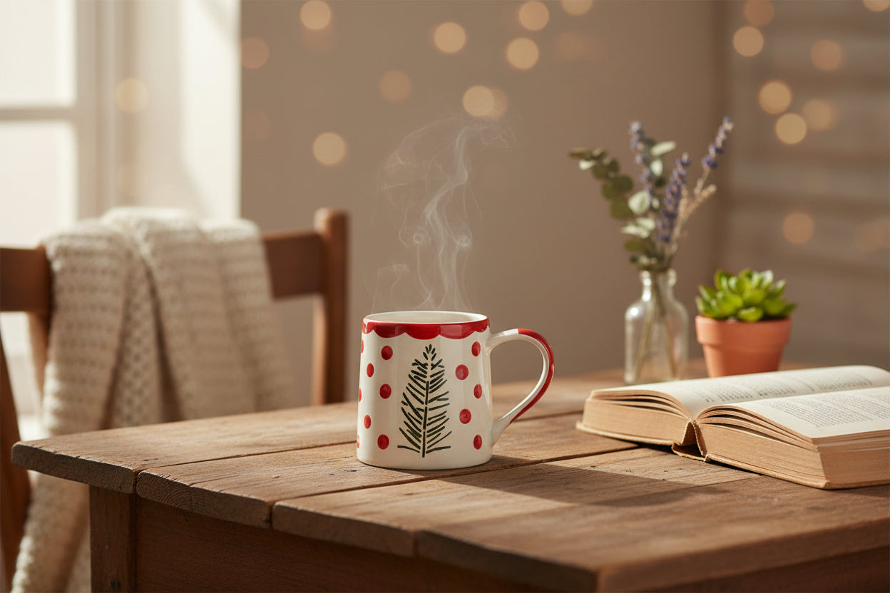 Handcrafted Pine & Red Scallop Ceramic Mug