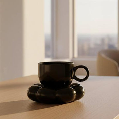 Black Ceramic Sunflower Bloom Coffee Mug & Saucer