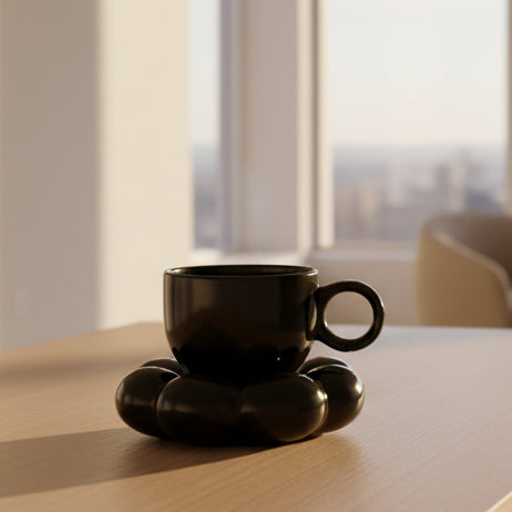 Premium Black Ceramic Sunflower Bloom Coffee Mug with Stylish Bubble Base Saucer Set | Designer Cup | Modern Aesthetic Drinkware | Unique Gift Mug for Home & Office | Microwave Safe | Daily Use - 350ml Capacity