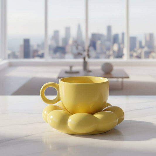 Premium Yellow Ceramic Sunflower Bloom Coffee Mug with Stylish Bubble Base Saucer Set | Designer Cup | Modern Aesthetic Drinkware | Unique Gift Mug for Home & Office | Microwave Safe | Daily Use - 350ml Capacity