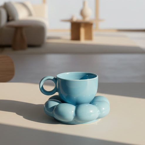 Premium Blue Ceramic Sunflower Bloom Coffee Mug with Stylish Bubble Base Saucer Set | Designer Cup | Modern Aesthetic Drinkware | Unique Gift Mug for Home & Office | Microwave Safe | Daily Use - 350ml Capacity