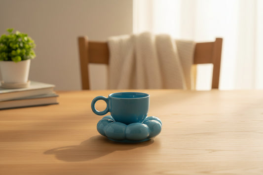 Premium Blue Ceramic Sunflower Bloom Coffee Mug with Stylish Bubble Base Saucer Set | Designer Cup | Modern Aesthetic Drinkware | Unique Gift Mug for Home & Office | Microwave Safe | Daily Use - 350ml Capacity