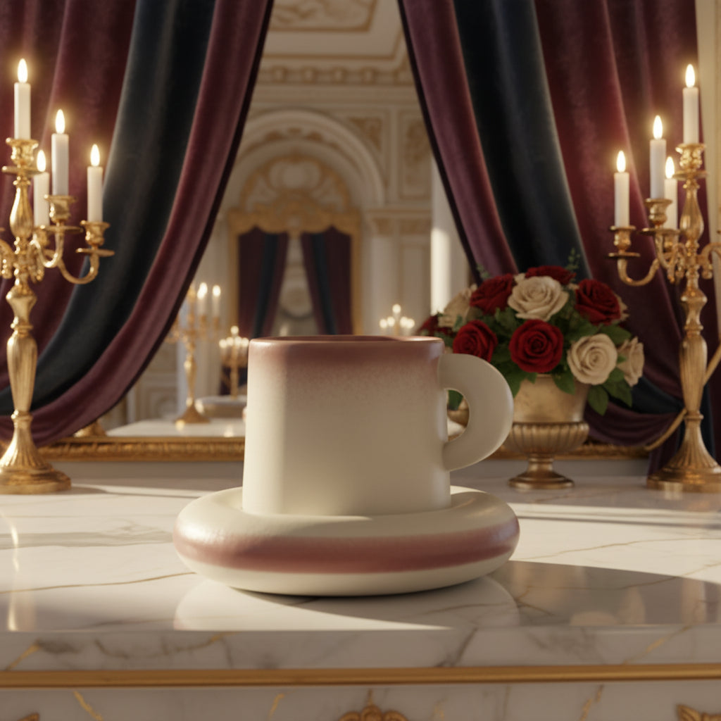 Ceramic cup with a matching saucer on a textured surface