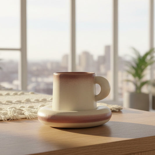 Ceramic cup with a matching saucer on a textured surface