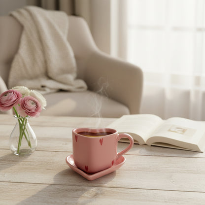 Premium Handcrafted Pink Heart Mug & Saucer Set