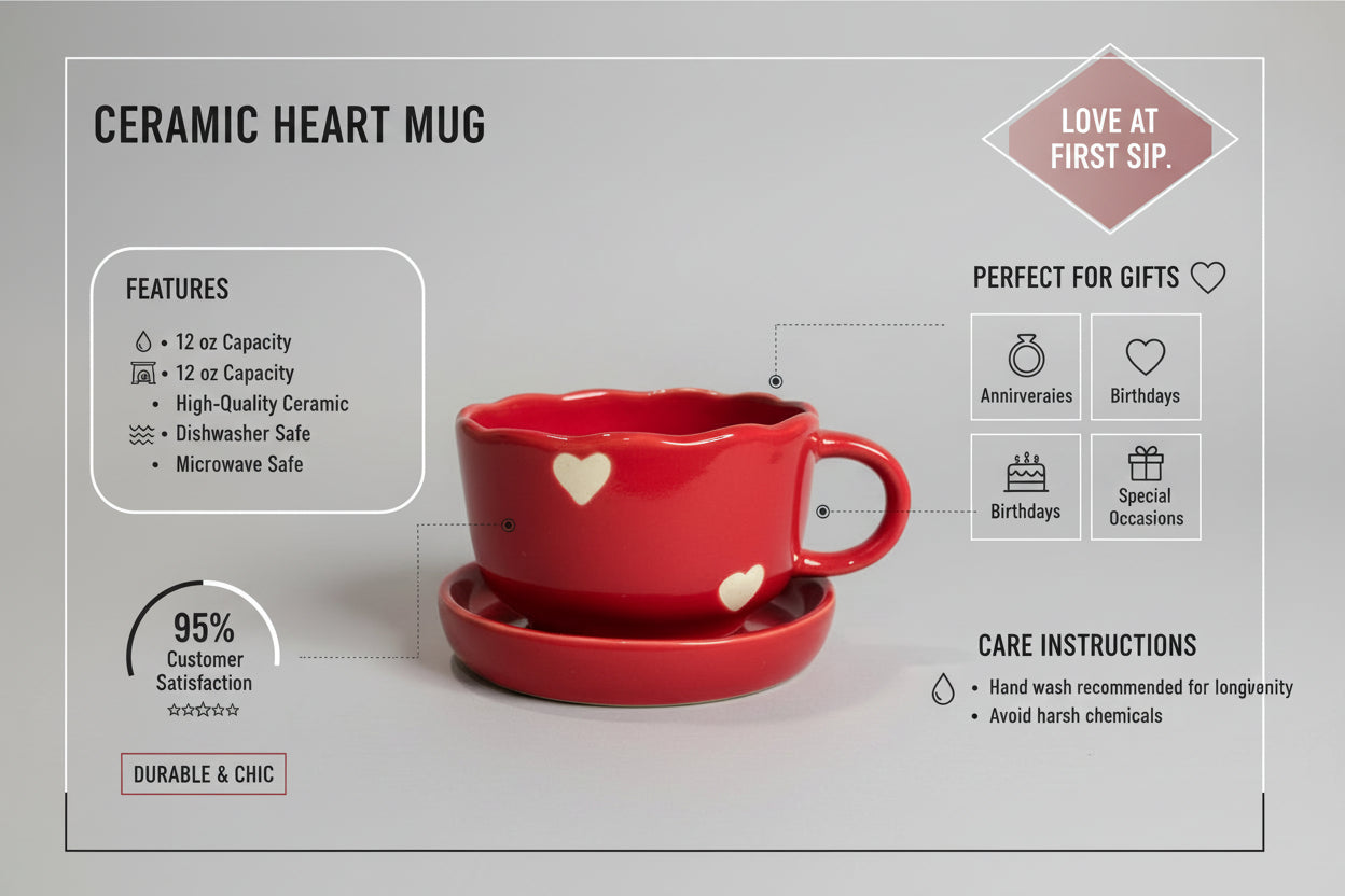 Ceramic Red Heart Coffee/Tea Mug with Saucer