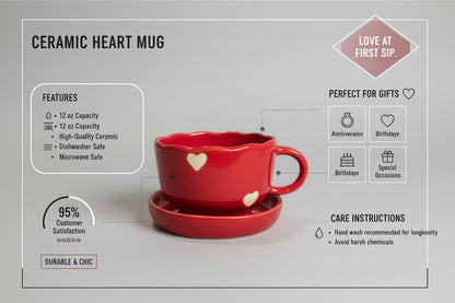 Ceramic Red Heart Coffee/Tea Mug with Saucer