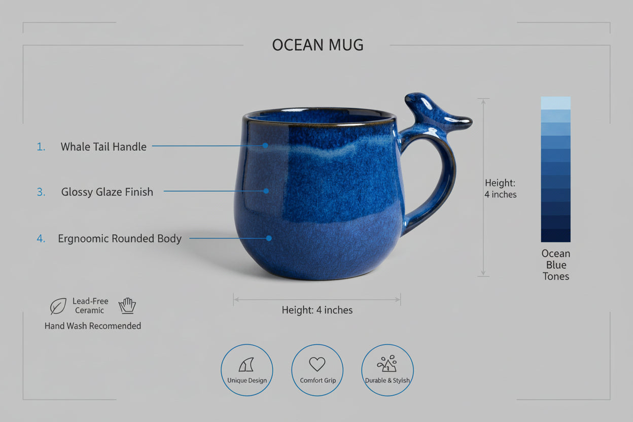 Handmade Blue Dolphin Ceramic Mug (350ml) | Pinterest Aesthetic Coffee & Tea Cup | Stylish Mug for Home, Office & Gifting | Microwave Safe | Daily use (Pack of 1)