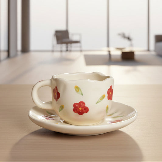 Handcrafted Floral Scalloped Ceramic Cup and Saucer Set 300 ML, White and Black, Romantic Gift for Anniversary, Birthday, Boyfriend, Girlfriend, Coffee & Tea Lovers, Valentine's Day ||Microwave safe(Pack of 1)