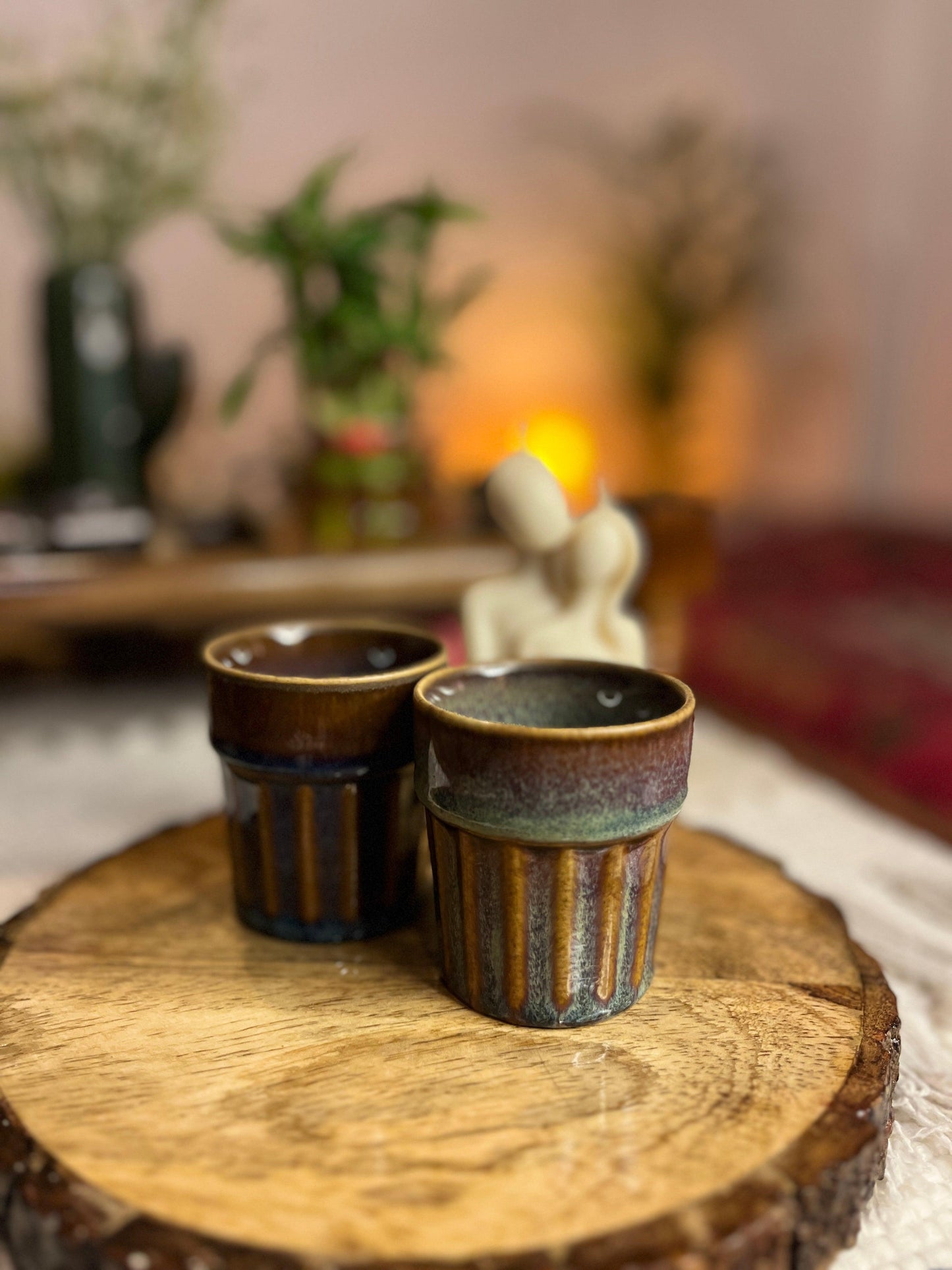 Handmade Coffee Brown Ceramic Cutting Chai Glasses Set of 2