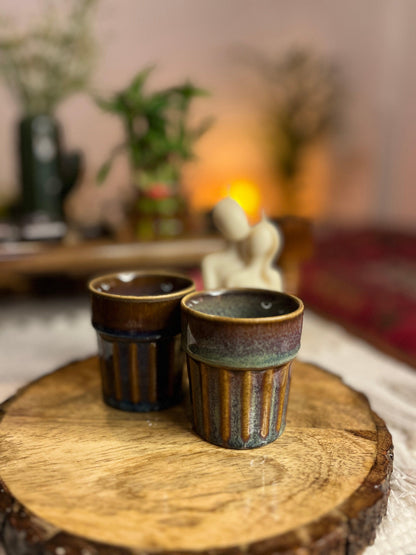 Handmade Coffee Brown Ceramic Cutting Chai Glasses Set of 2