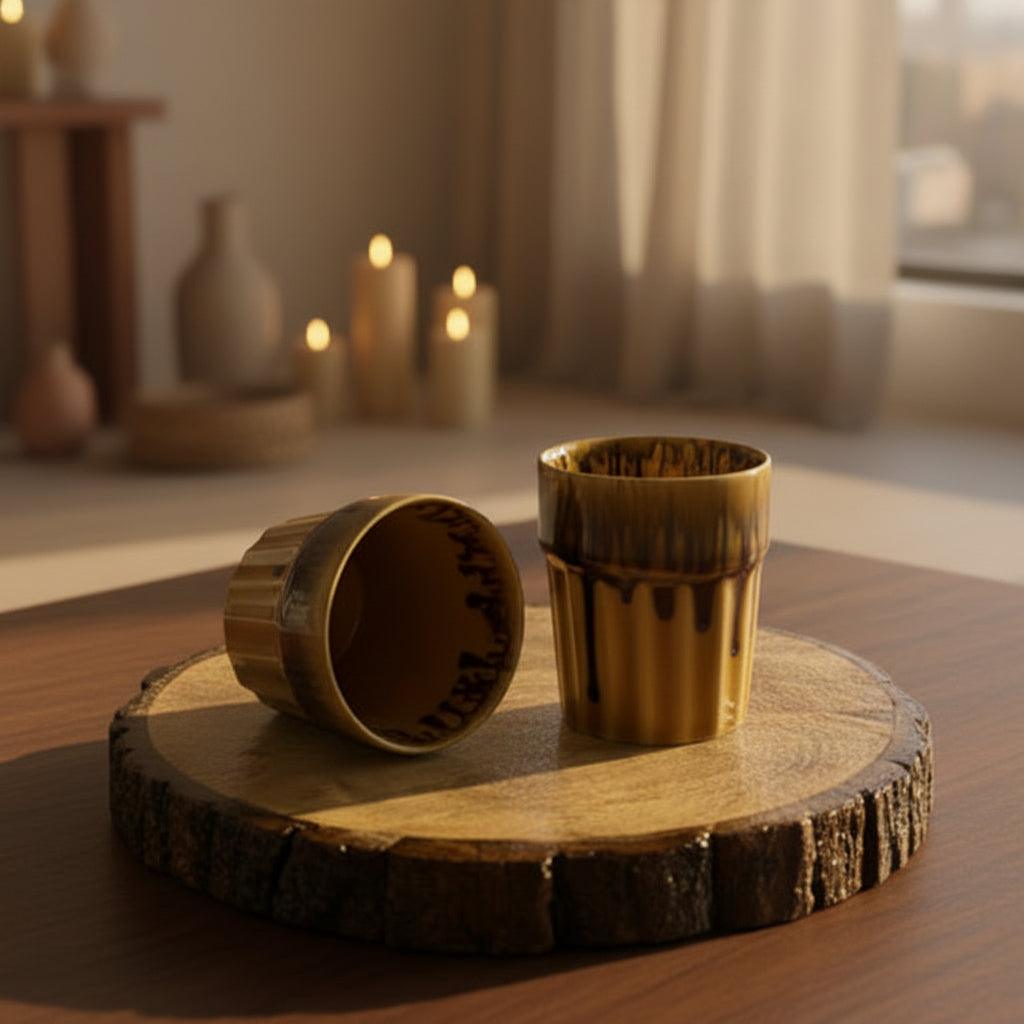 Handcrafted Mustard Yellow Ceramic Cutting Chai Glass Set of 2