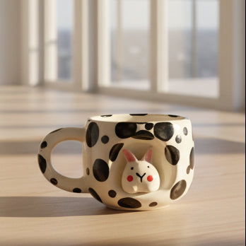 Handmade Cute Ceramic Pinterest Inspired Bunny Mug (350 ML) | White and Black, Romantic Gift for Anniversary, Birthday, Boyfriend/Girlfriend, Coffee & Tea Lovers, Valentine's Day  | Microwave & Dishwasher Safe | Daily use (Pack of 1)