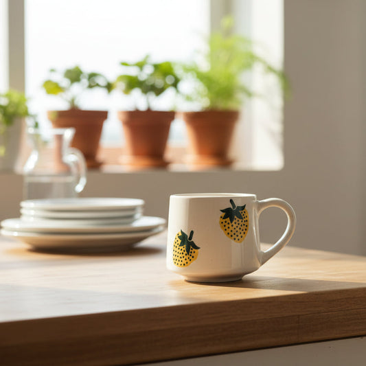 Handcrafted Yellow Strawberry Ceramic Mug (200ml) | Pinterest Inspired Gift for Lovers, Friends, Anniversary, Birthdays, Valentines, Boyfriend Girlfriend | Microwave Safe | Pack of 1