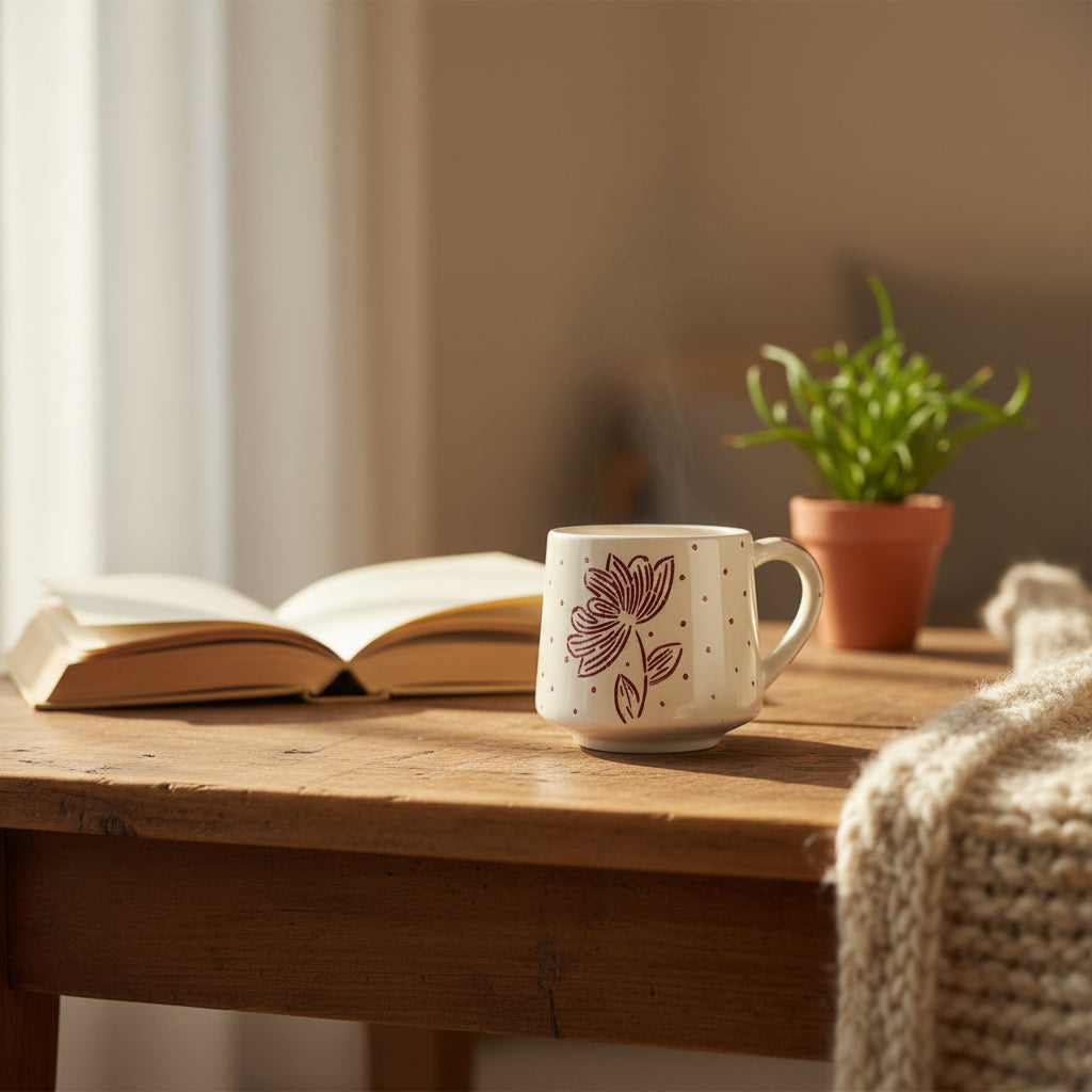 Handcrafted Maroon Floral Ceramic Mug
