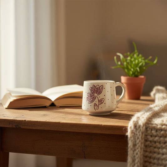 Handcrafted Maroon Floral Ceramic Mug (250ml) | Pinterest Inspired Gift for Lovers, Friends, Anniversary, Birthdays, Valentines, Boyfriend Girlfriend | Microwave Safe | Pack of 1