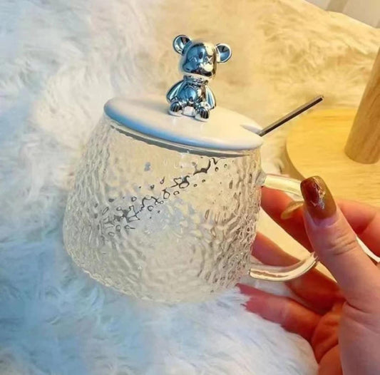 Cute Glass Cup With Lid & Spoon