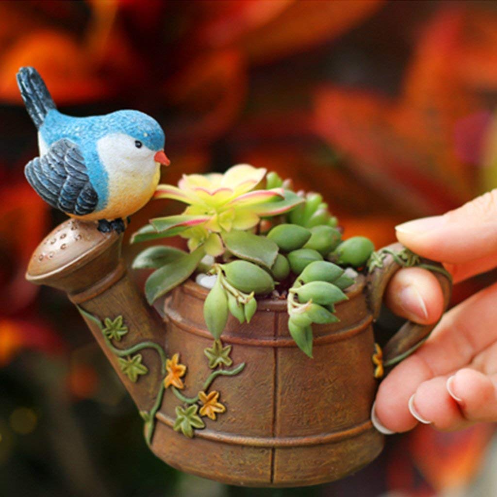 Handcrafted Cute Watering Can With Bird Planter/Flower Pot
