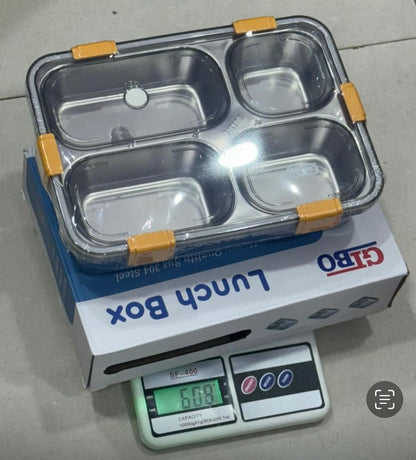 4 Compartment Stainless Steel Lunch Box with Spoon & Fork