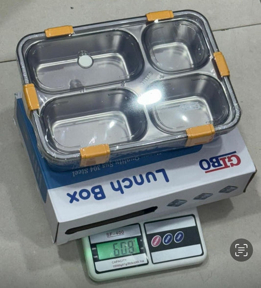 4 Compartment Stainless Steel Lunch Box with Spoon & Fork