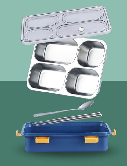 4 Compartment Stainless Steel Lunch Box with Spoon & Fork