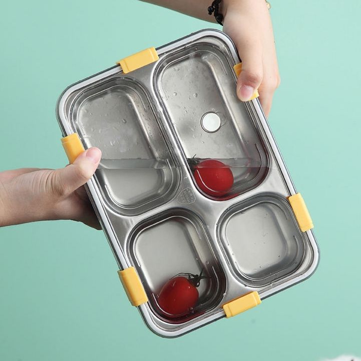 4 Compartment Stainless Steel Lunch Box with Spoon & Fork