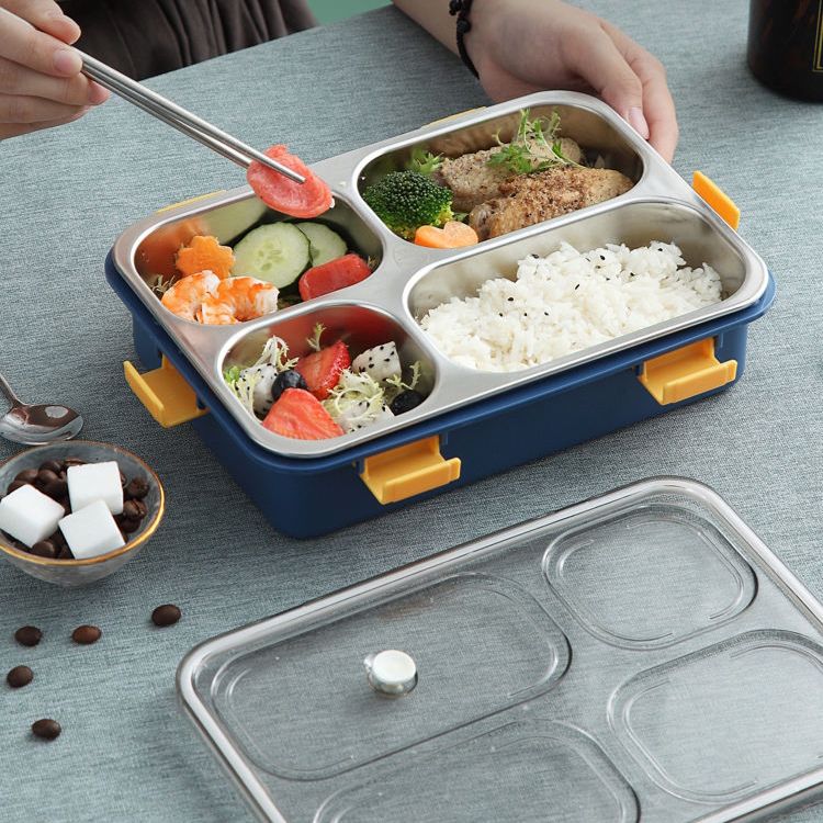 4 Compartment Stainless Steel Lunch Box with Spoon & Fork