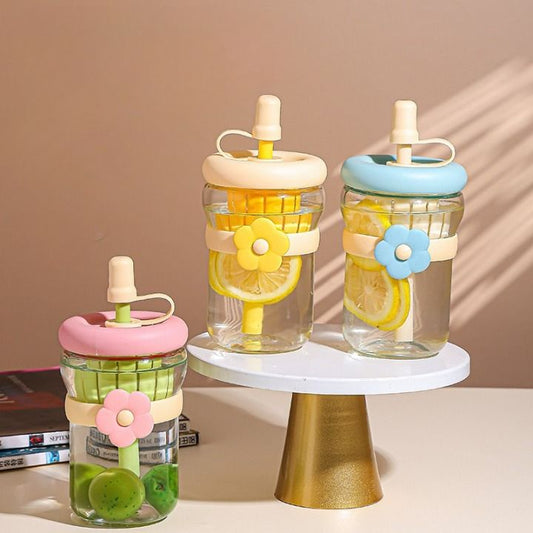 Flower Design Glass Sipper Bottle
