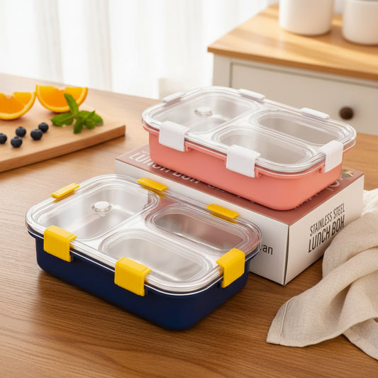 Stainless Steel 3 Compartment Lunch Box With Spoon & Fork