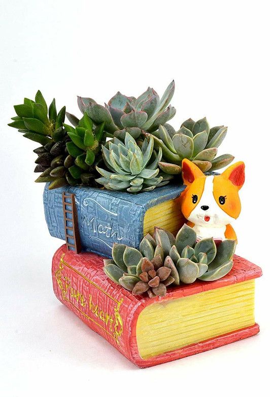 Handcrafted Cute Puppy Dog on Books Planter/Flower Pot