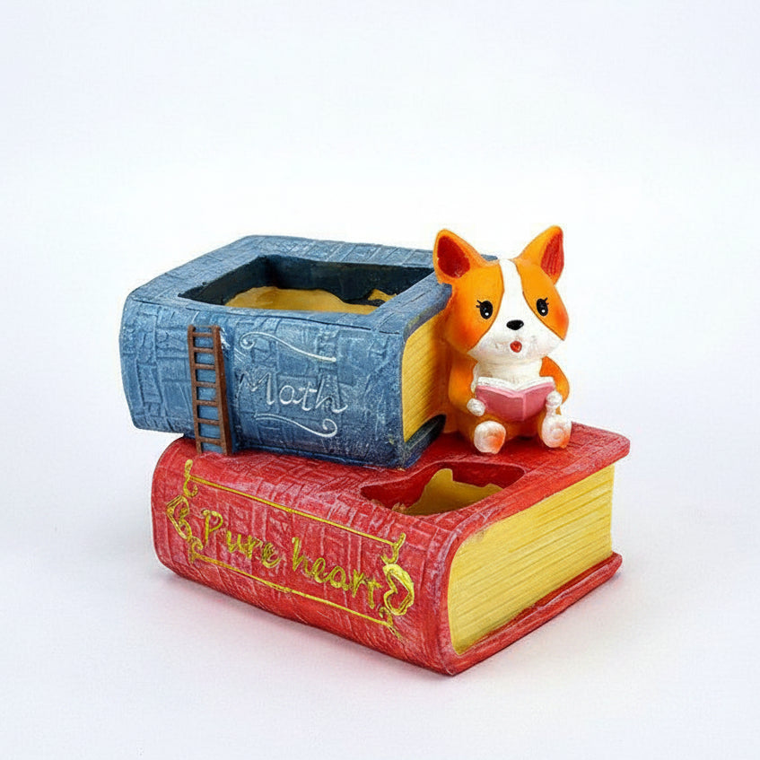 Handcrafted Cute Puppy Dog on Books Planter/Flower Pot