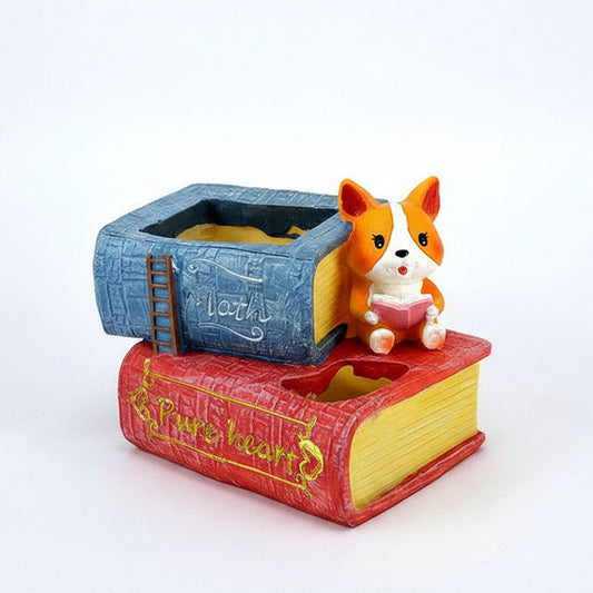 Handcrafted Cute Puppy Dog on Books Planter/Flower Pot