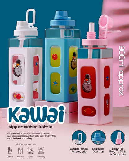 Kawai Sipper Water Bottle With Cartoon Sticker (900 ML)