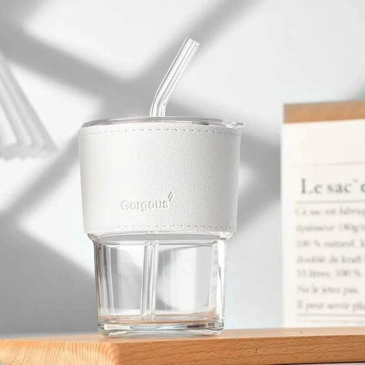 White Colour Glass Mason Jar with Heat Resistance Leather Grip Leakproof Lid & Straw | 450 ml | Box Packing