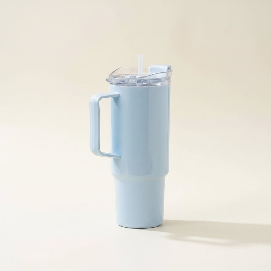 Blue TOONY plastic tumblers with handles, 1800ml capacity, leak-proof design